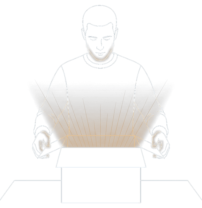 Line drawing of a person opening a box, lit from below by the light coming out of it