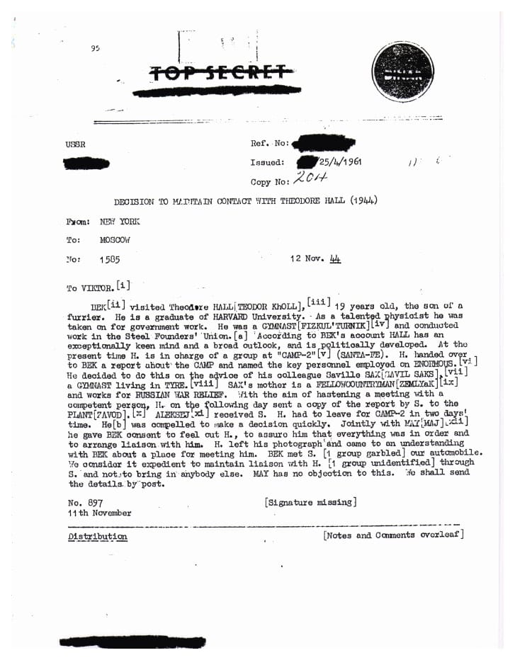 A declassified Venona decrypt: a 1944 cable from New York to Moscow on the decision to maintain contact with Theodore Hall, its Top Secret marking struck through and parts of it still redacted.